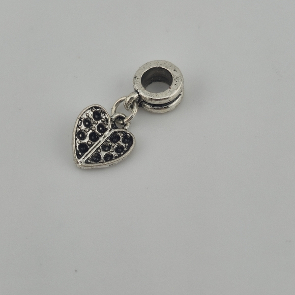 Silver Tone Dangle Heart European Charm Bead with Black Crystal Accents - Picture 2 of 4